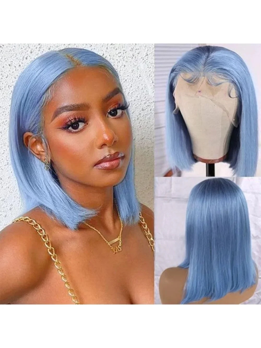 Light Blue Bob Wig 13x4 HD Lace Front, Glueless, 8-Inch Straight, Brazilian